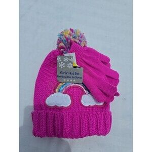 Girls's Knit Beanie Hat W POM and Glove Set PINK RAINBOW SPARKLY NEW